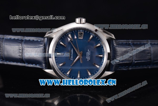Omega Seamaster Aqua Terra 150 M Co-Axial Clone 8500 Automatic Steel Case with Blue Dial Stick Markers and Blue Leather Strap (EF) - Click Image to Close