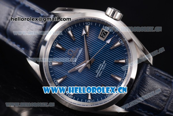 Omega Seamaster Aqua Terra 150 M Co-Axial Clone 8500 Automatic Steel Case with Blue Dial Stick Markers and Blue Leather Strap (EF) - Click Image to Close