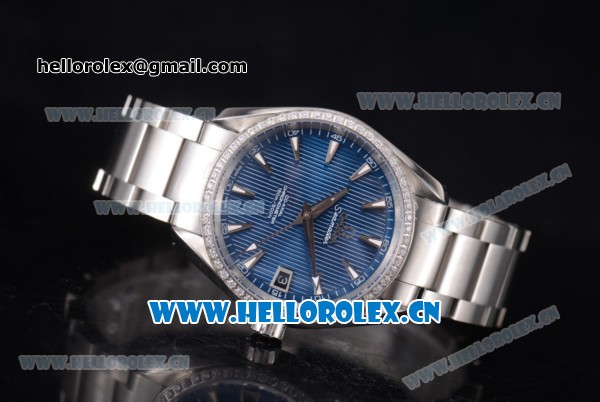 Omega Seamaster Aqua Terra 150 M Co-Axial Clone 8500 Automatic Steel Case/Bracelet with Blue Dial Diamonds Bezel and Stick Markers (EF) - Click Image to Close