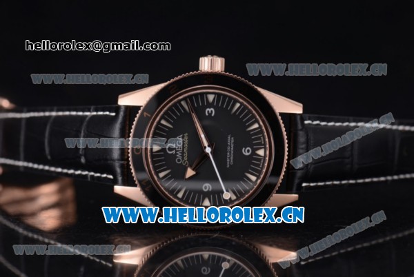 Omega Seamaster 300 Master Co-Axial Clone 8400 Automatic Rose Gold Case with Black Dial Stick/Arabic Numeral Markers and Black Leather Strap (YF) - Click Image to Close