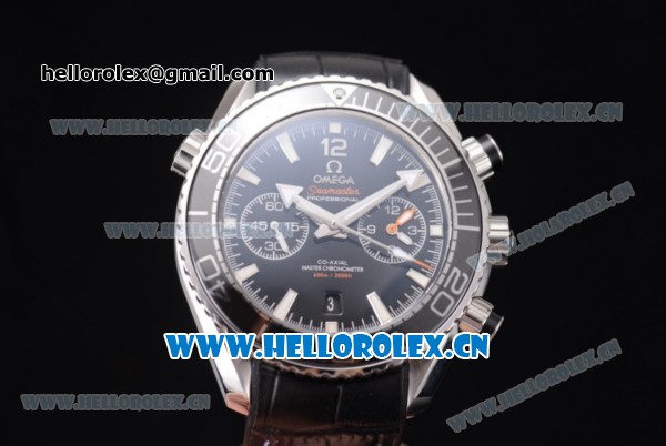 Omega Seamaster Planet Ocean Swiss Valjoux 7750 Automatic Steel Case with Black Dial Stick Markers and Black Leather Strap (EF) - Click Image to Close
