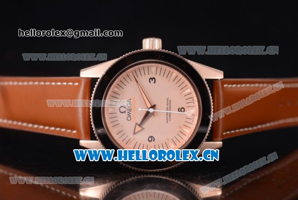 Omega Seamaster 300 Master Co-Axial Clone 8400 Automatic Rose Gold Case with Rose Gold Dial Stick/Arabic Numeral Markers and Brown Leather Strap (YF) - Click Image to Close