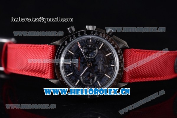 Omega Speedmaster Co-Axial Swiss Valjoux 7750 Automatic PVD Case with Black Dial Stick Markers and Red Leather Strap (EF) - Click Image to Close