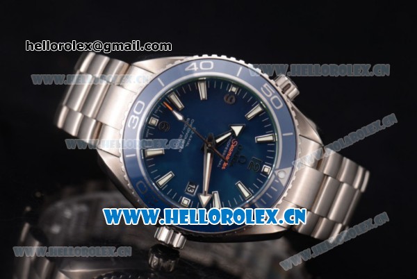 Omega Seamaster Planet Ocean Clone 8500 Automatic Titanium Case/Bracelet with Blue Dial and Stick/Arabic Numeral Markers (BP) - Click Image to Close