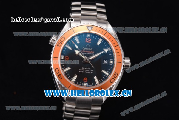 Omega Seamaster Planet Ocean Clone 8500 Automatic Steel Case/Bracelet with Black Dial Brown Bezel and Stick/Arabic Numeral Markers (BP) - Click Image to Close