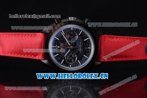 Omega Speedmaster Co-Axial Chronograph Dark Side of the Moon Swiss Valjoux 7750 Automatic PVD Case with Black Dial Stick Markers and Red Leather Strap (EF) - Click Image to Close