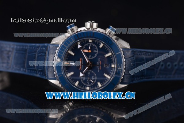 Omega Seamaster Planet Ocean 600 M Co-Axial Chrono Clone Omega 9900 Automatic PVD Case with Blue Dial Stick Markers and Blue Leather Strap (EF) - Click Image to Close