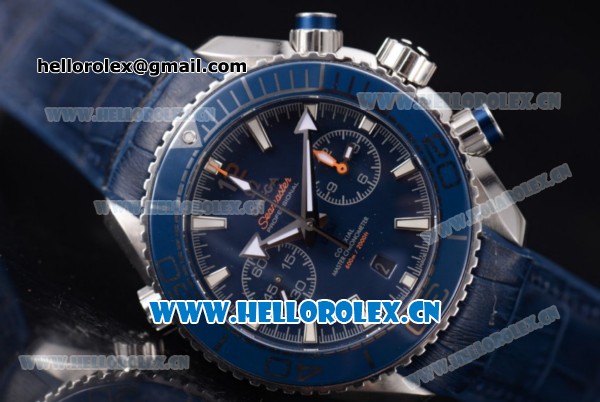 Omega Seamaster Planet Ocean 600 M Co-Axial Chrono Clone Omega 9900 Automatic PVD Case with Blue Dial Stick Markers and Blue Leather Strap (EF) - Click Image to Close