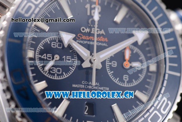 Omega Seamaster Planet Ocean 600 M Co-Axial Chrono Clone Omega 9900 Automatic PVD Case with Blue Dial Stick Markers and Blue Leather Strap (EF) - Click Image to Close