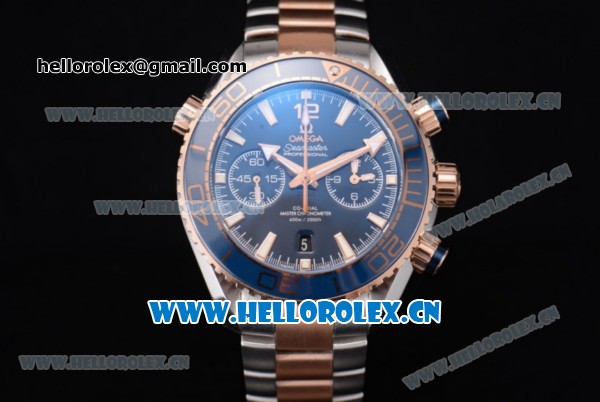 Omega Seamaster Planet Ocean 600M Co-Axial Chrono Clone Omega 9301 Automatic Two Tone Case/Bracelet with Blue Dial and Stick Markers (EF) - Click Image to Close