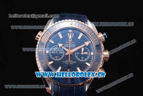 Omega Seamaster Planet Ocean 600M Co-Axial Chrono Clone Omega 9301 Automatic Steel Case with Blue Dial Blue Leather Strap and Stick Markers (EF) - Click Image to Close