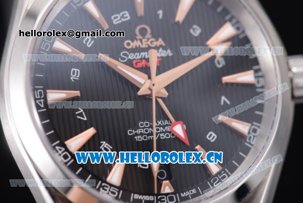 Omega Seamaster Aqua Terra 150 M GMT Clone Omega 8605 Automatic Steel Case with Black Dial Stick Markers and Black Leather Strap (EF) - Click Image to Close