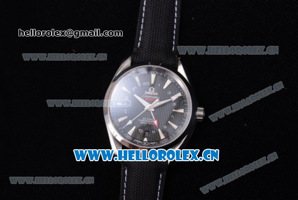 Omega Seamaster Aqua Terra 150 M GMT Clone Omega 8605 Automatic Steel Case with Black Dial White Markers and Black Leather Strap (EF) - Click Image to Close