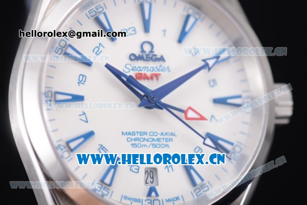 Omega Seamaster Aqua Terra 150 M GMT Clone Omega 8605 Automatic Steel Case with White Dial Stick Markers and Blue Leather Strap (EF) - Click Image to Close