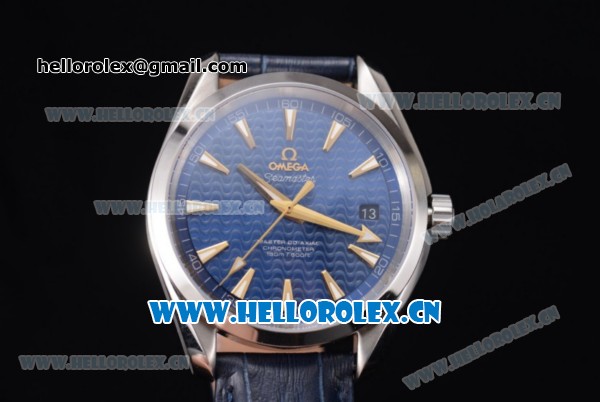 Omega Seamaster Aqua Terra 150 M Clone 8500 Automatic Steel Case Blue Dial Blue Leather Strap and Stick Markers (EF) - Click Image to Close