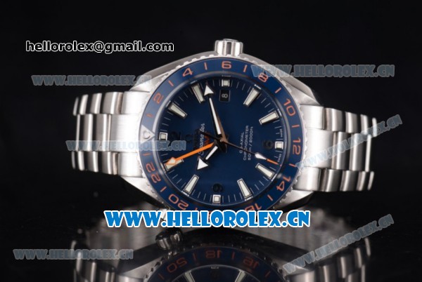 Omega Seamaster Planet Ocean 600m Co-axial GMT Clone Omega 8900 Automatic Stainless Steel Case/Bracelet with Blue Dial (KW) - Click Image to Close