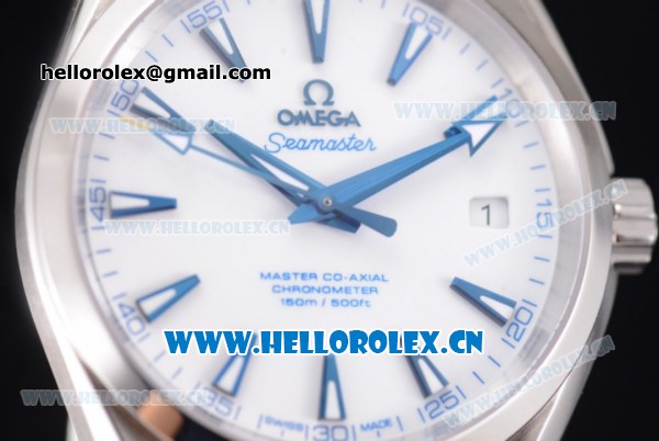Omega Seamaster Aqua Terra 150M Clone 8500 Automatic Steel Case with White Dial Blue Leather and Stick Markers (EF) - Click Image to Close