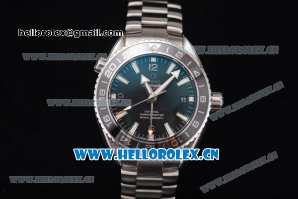 Omega Seamaster Planet Ocean GMT Clone Omega 8605 Automatic Stainless Steel Case/Bracelet with Stick/Arabic Numeral Markers and Black Dial (BP) - Click Image to Close