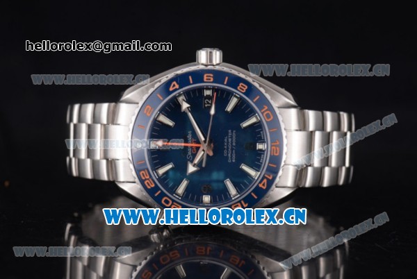 Omega Seamaster Planet Ocean 600M GMT Good Planet Clone Omega 8605 Automatic Stainless Steel Case/Bracelet with Stick Markers and Blue Dial (BP) - Click Image to Close