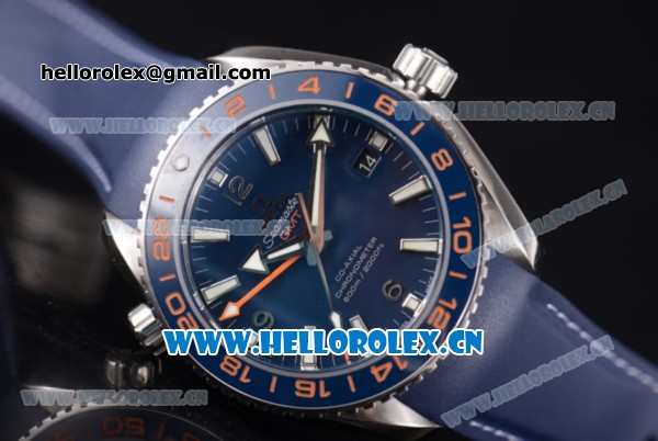 Omega Planet Ocean GMT 600m Clone Omega 8605 Automatic Steel Case with Blue Dial Stick/Arabic Numeral Markers and Blue Rubber Strap (BP) - Click Image to Close