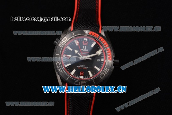 Omega Seamaster Planet Ocean GMT Deep Black Clone Omega 8906 Automatic PVD Case with Black Dial and Black Rubber Strap (EF) - Click Image to Close