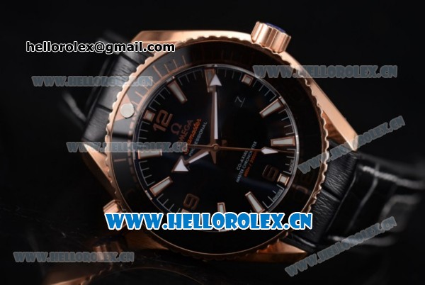 Omega Seamaster Planet Ocean 600M Clone Omega 8900 Automatic Rose Gold Case with Black Dial and Stick/Arabic Numeral Markers Black Leather Strap (EF) - Click Image to Close