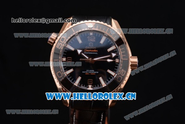 Omega Seamaster Planet Ocean 600M Clone Omega 8900 Automatic Rose Gold Case with Black Dial and Stick/Arabic Numeral Markers Black Leather Strap (EF) - Click Image to Close