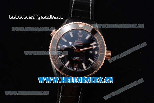 Omega Seamaster Planet Ocean 600M Clone Omega 8900 Automatic PVD Case with Black Dial and Stick/Arabic Numeral Markers Black Leather Strap (EF) - Click Image to Close