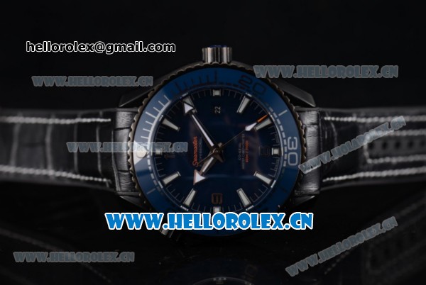Omega Seamaster Planet Ocean 600M Clone Omega 8900 Automatic PVD Case with Blue Dial and Stick/Arabic Numeral Markers Black Leather Strap (EF) - Click Image to Close
