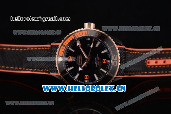 Omega Seamaster Planet Ocean 600M Clone Omega 8900 Automatic PVD Case with Black Dial and Black/Orange Rubber Strap Orange Arabic Numeral Markers (EF) - Click Image to Close