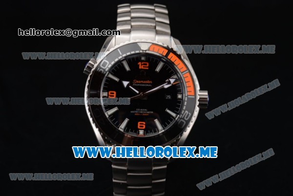 Omega Seamaster Planet Ocean 600M Clone Omega 8900 Automatic Stainless Steel Case/Bracelet with Black Dial and Orange Arabic Numeral Markers (BP) - Click Image to Close