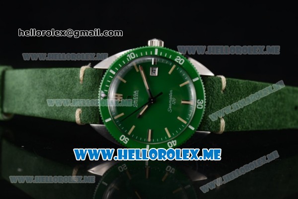 Omega Seamaster 120 Vintage Swiss ETA 2824 Automatic Steel Case with Green Dial and Green Leather Strap Stick Markers - Click Image to Close