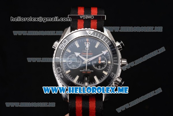 Omega Seamaster Planet Ocean Chronograph Swiss Valjoux 7750 Automatic Steel Case with Black Dial and Stick Markers Red/Black Nylon Strap (EF) - Click Image to Close