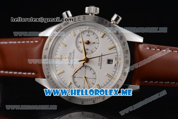 Omega Speedmaster'57 Co-Axial Clone Omega 9300 Automatic Steel Case with White Dial Brown Leather Strap and Yellow Hands (EF) - Click Image to Close