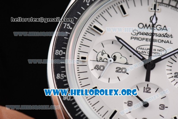 Omega Speedmaster Apollo 13 Silver Snoopy Award Limited Edition Copy Venus 75 Manual Winding Steel Case with White Dial Black Leather Strap and Stick Markers (EF) - Click Image to Close