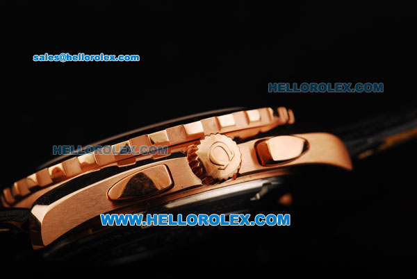 Omega Seamaster GMT Chronograph Miyota Quartz Movement Rose Gold Case with Black Bezel and Black Leather Strap - Click Image to Close