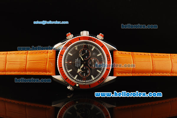 Omega Seamaster Planet Ocean Chronograph Quartz with Black Dial and Orange Leather Strap - Click Image to Close