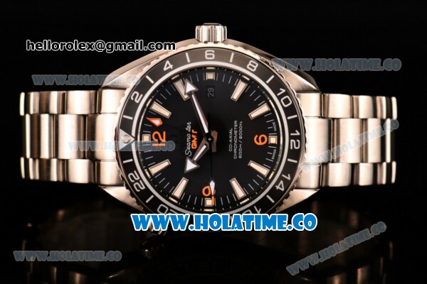 Omega Seamaster Planet Ocean 600M Co-axial GMT Clone Omega 8605 Automatic Full Steel with Black Dial and and Stick/Orange Arabic Numeral Markers (EF) - Click Image to Close