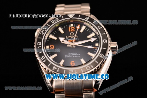Omega Seamaster Planet Ocean 600M Co-axial GMT Clone Omega 8605 Automatic Full Steel with Black Dial and and Stick/Orange Arabic Numeral Markers (EF) - Click Image to Close