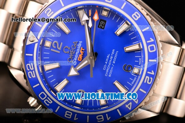 Omega Seamaster Planet Ocean 600M Co-axial GMT Clone Omega 8605 Automatic Full Steel with Blue Dial and and Stick/Arabic Numeral Markers (EF) - Click Image to Close