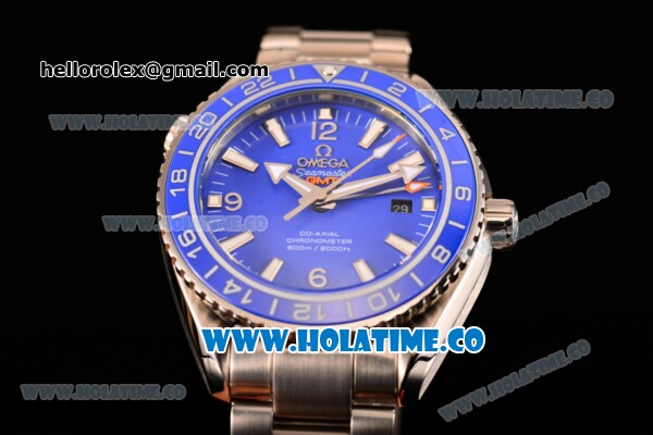 Omega Seamaster Planet Ocean 600M Co-axial GMT Clone Omega 8605 Automatic Full Steel with Blue Dial and and Stick/Arabic Numeral Markers (EF) - Click Image to Close
