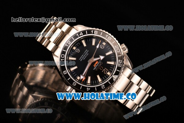 Omega Seamaster Planet Ocean 600M Co-axial GMT Clone Omega 8605 Automatic Full Steel with Black Dial and and Stick/Silver Arabic Numeral Markers (EF) - Click Image to Close