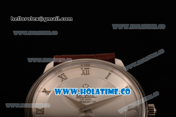 Omega De Ville Co-Axial Asia Automatic Steel Case with White Dial Roman Numeral Markers and Brown Leather Strap - Click Image to Close