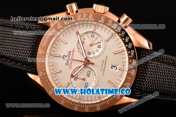 Omega Speedmaster Moonwatch Co-Axial Chronograph Miyota OS20 Quartz Rose Gold Case with White Dial Black Leather Strap and Stick Markers - Click Image to Close