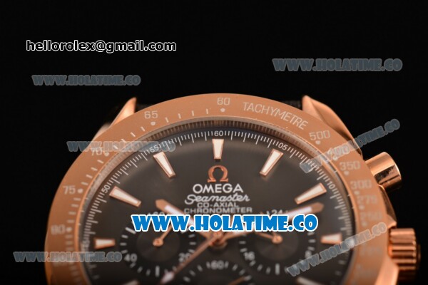 Omega Speedmaster Moonwatch Co-Axial Chronograph Miyota OS20 Quartz Rose Gold Case with Black Dial and White Stick Markers - Click Image to Close