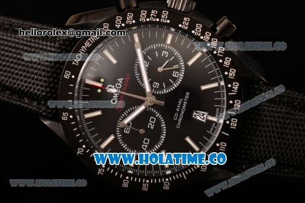 Omega Speedmaster Moonwatch Co-Axial Chronograph Miyota Quartz PVD Case with Black Dial and White Stick Markers - Click Image to Close