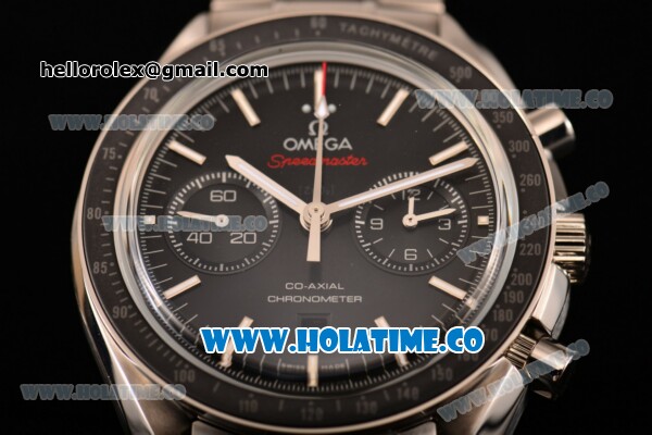 Omega Speedmaster Moonwatch Co-Axial Chronograph Clone Omega 9300 Automatic Steel Case/Bracelet with Black Dial and White Stick Markers (EF) - Click Image to Close