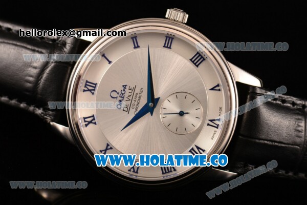 Omega De Ville Co-Axial Asia Automatic Steel Case wtih Silver Dial Black Leather Strap and Blue Roman Numeral Markers - Click Image to Close