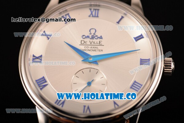 Omega De Ville Co-Axial Asia Automatic Steel Case wtih Silver Dial Black Leather Strap and Blue Roman Numeral Markers - Click Image to Close