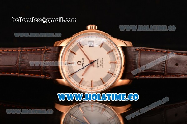 Omega De Ville Hour Vision Clone Omega 8500 Automatic Rose Gold Case with White Dial Brown Leather Strap and Rose Gold Stick Markers (KW) - Click Image to Close